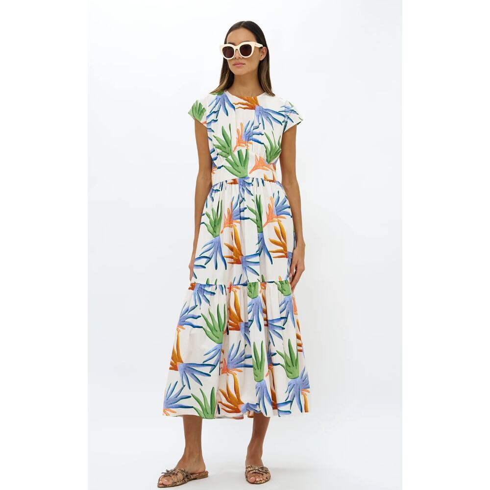 OLIPHANT Tuckernuck Cap Sleeve Midi Dress Fortuna Green Palm Print Cotton S